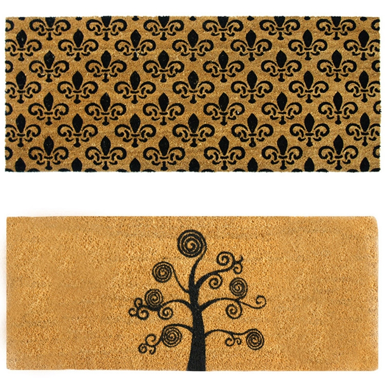 Oversized Doormat with Stylized Tree and Fleur-de-Lis Motifs, Coir-Like