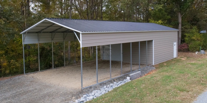 Partially Enclosed Metal Carport with Storage Unit and Roll Up Door