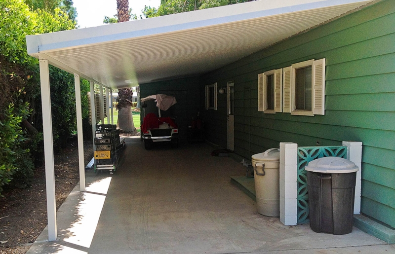 Patio Awning White Ribbed Metal with Slim Support Columns
