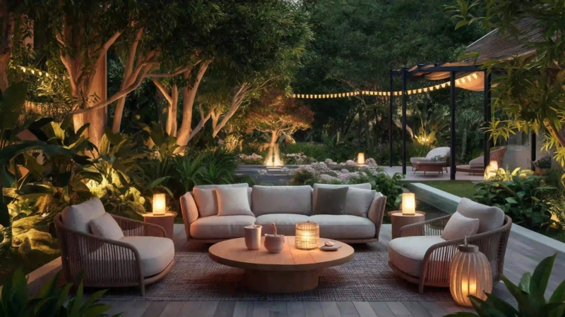 Patio Set with Woven Chairs, Lanterns, and Lush Foliage