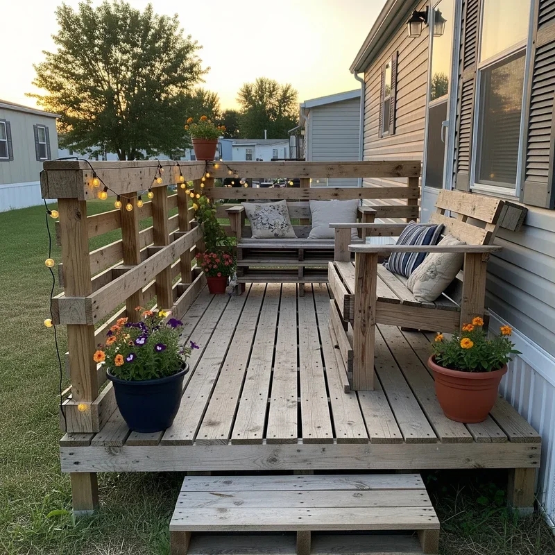 Patio with DIY Pallet Furniture and Globe String Lights
