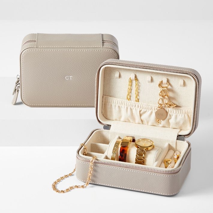 Pebbled Taupe Travel Jewelry Box: Monogrammed, Watch Roll, Zippered Closure