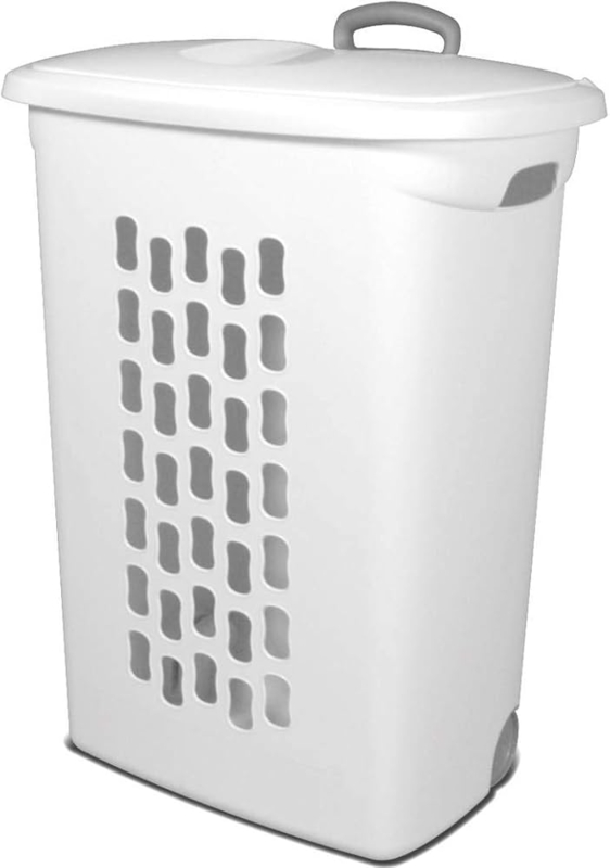 Plastic Laundry Hamper White Lid Pull Handle Perforated