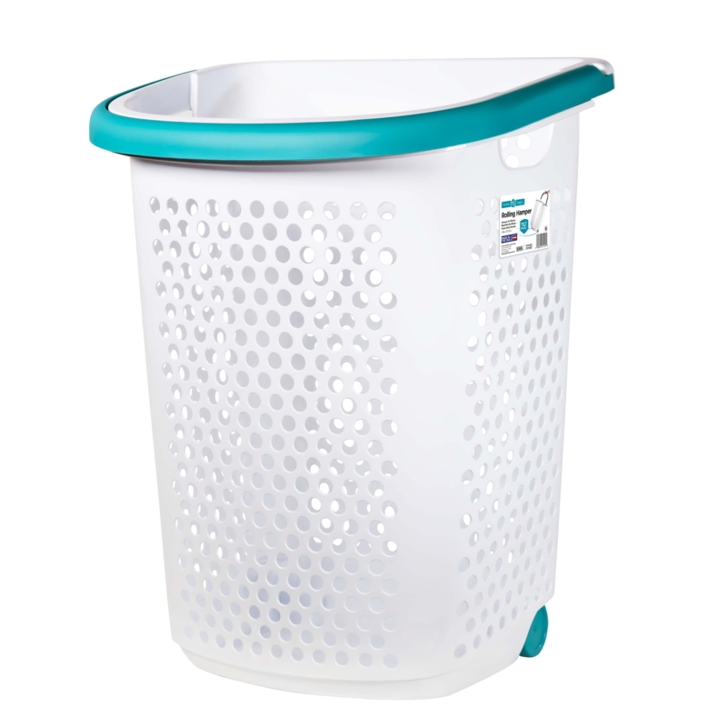Plastic Rolling Hamper White Teal Rim Perforated Modern