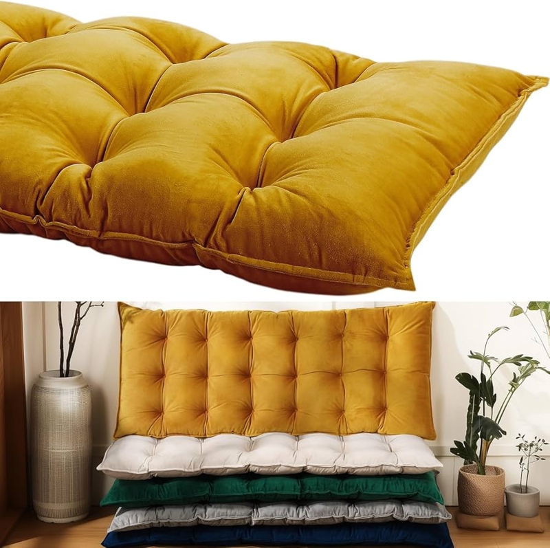 Plush Tufted Bench Cushion in Turmeric Yellow Velvet