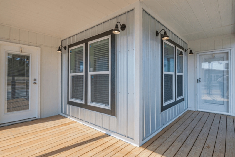 Porch Design: Corrugated Metal Siding with Black Barn Lights