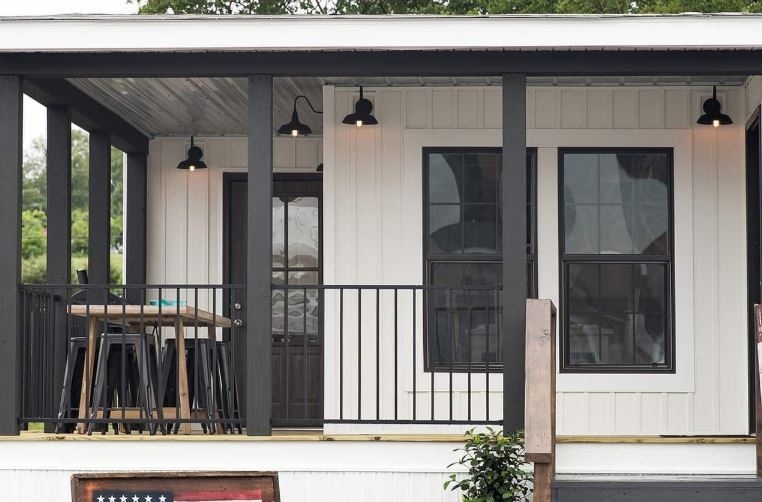 Porch Outdoor Living Space Industrial Gooseneck Lighting Design