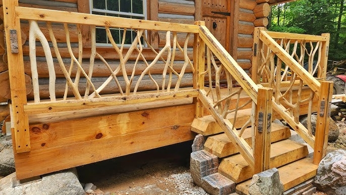 Porch Railing with Twig Balusters and Log Steps: Rustic Cabin Style