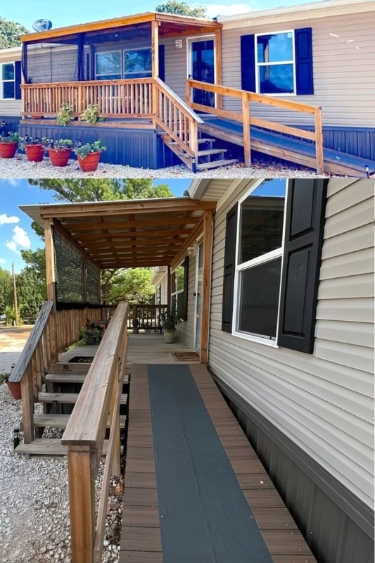 Porch Stairs with Integrated Ramp, Covered Entryway.