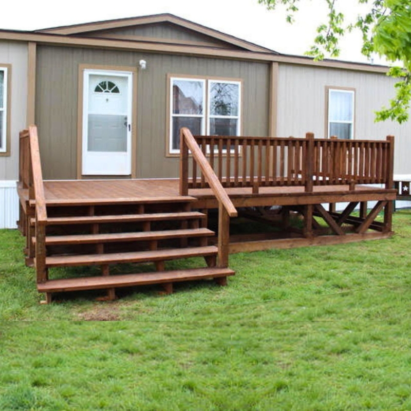 Portable Wooden Deck with Wide Stairs and Warm Brown Stain