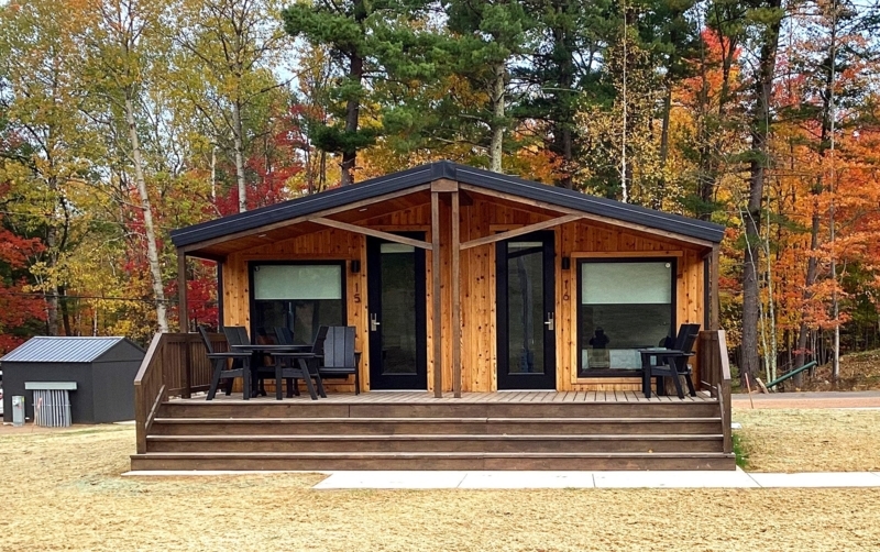 Prefab Cabin Wide Stepped Deck with Modern Rustic Duplex Layout
