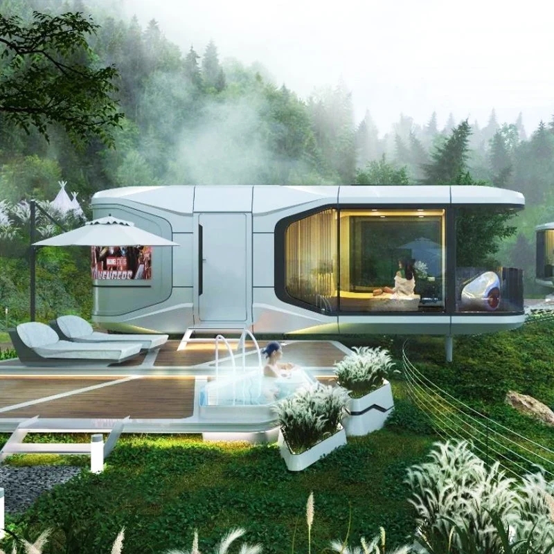 Prefabricated Home with Modular Capsule Shape and Integrated Hot Tub.