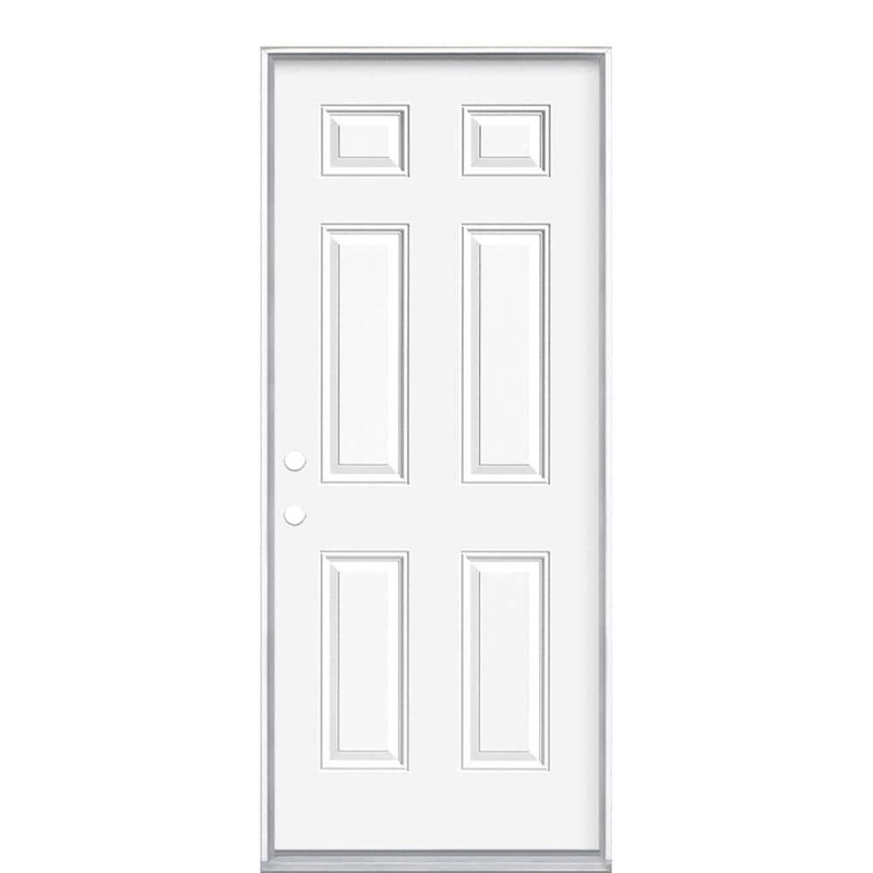 Primed White Exterior Door: Six-Panel Design with Double Bore Holes