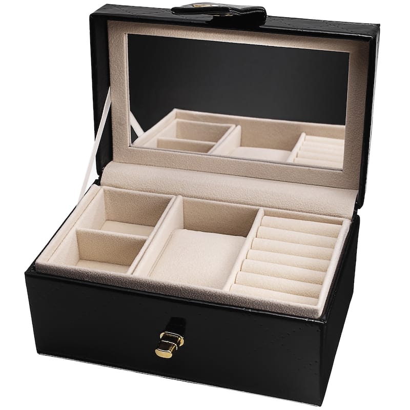 Quilted Black Jewelry Box Organizer Diamond Pattern with Watch Pillow