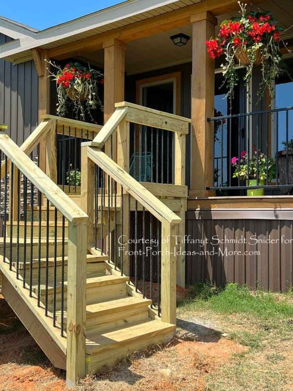 Railing System with Rebar Spindles and Natural Wood for Porch Stairs