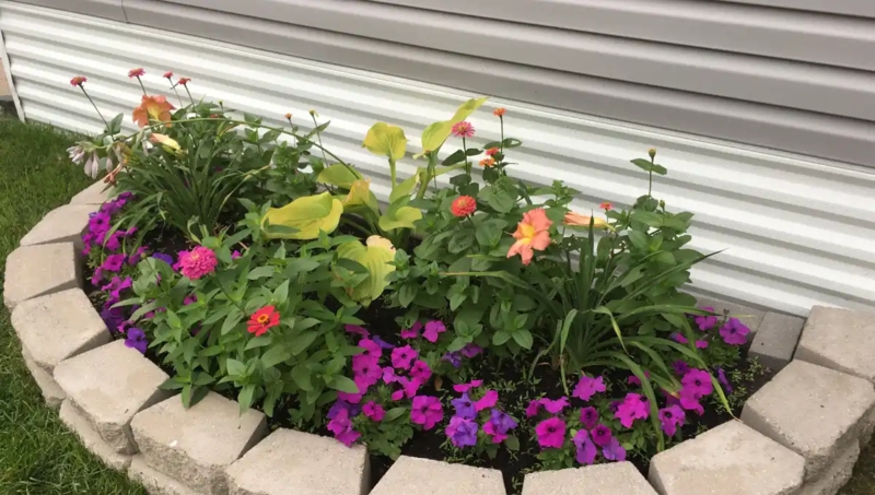 Raised Garden Bed with Semi-Circular Masonry Border and Annuals