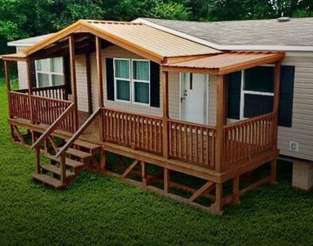 Raised Wooden Deck featuring Gabled Roof Entry and Wood Railing