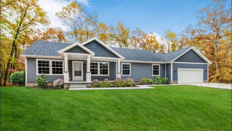 Ranch Mobile Home: Blue-Gray Siding, Mixed Textures & White Trim
