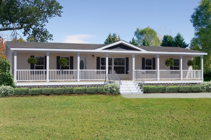 Ranch Modular Home with Full Length Porch and Black Shutters