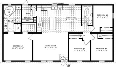 Ranch Style Four Bedroom Blueprint, 30x60 Dimensions Technical Schematic