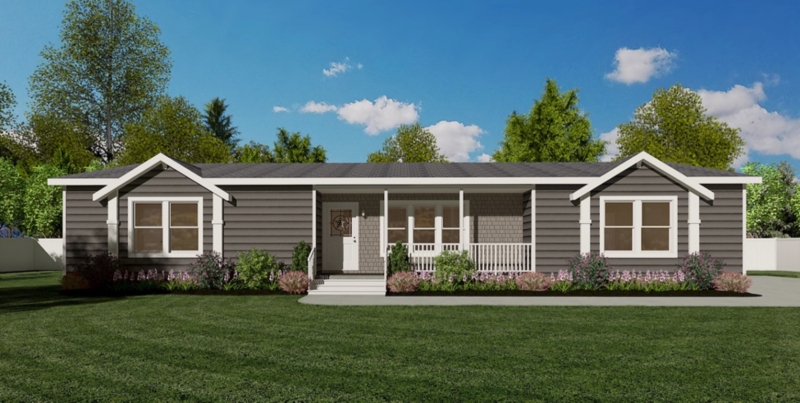 Ranch Style Mobile Home: Charcoal Gray Siding & Symmetrical Gables