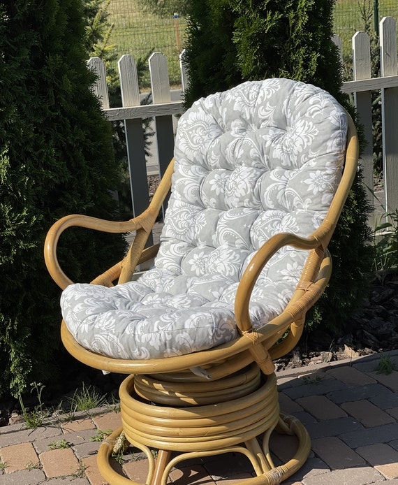 Rattan Swivel Chair Cushion Grey Damask Pattern Tufted Long Bohemian