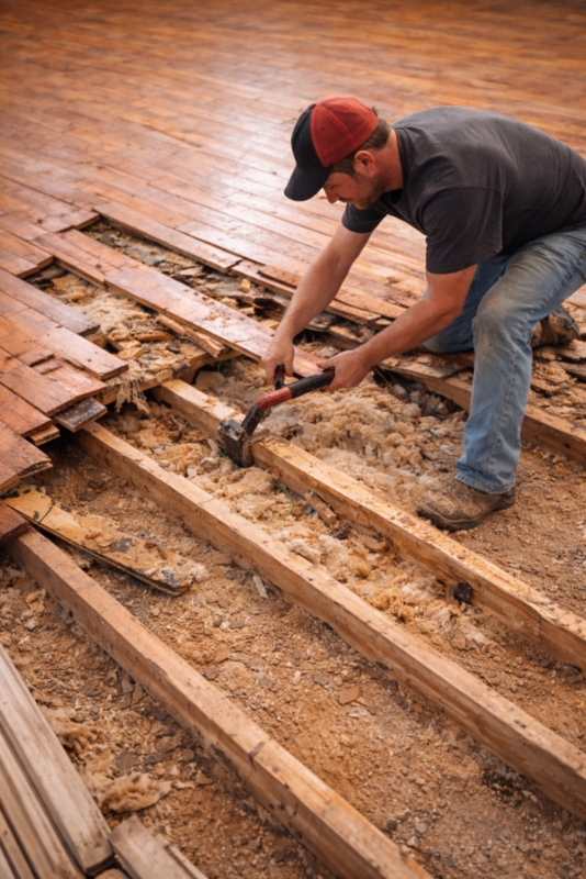 Replacing Damaged Wood Flooring: Mobile Home Renovation with Pry Bar
