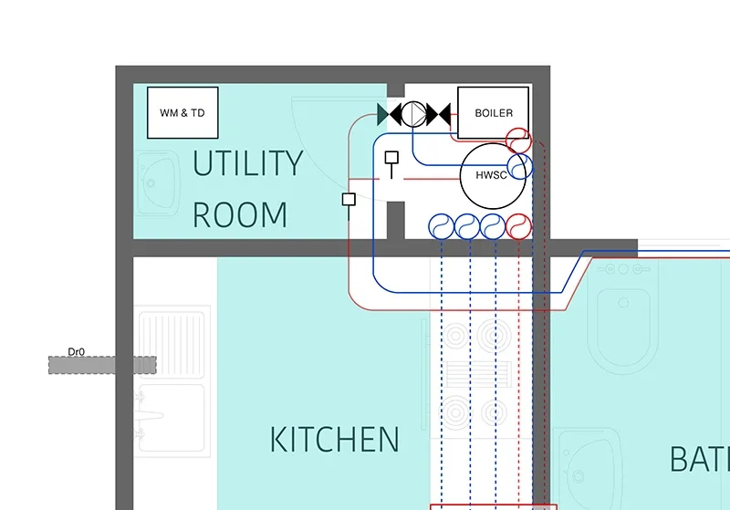 Residential Floor Plan Plumbing Layout Diagram with Boiler System