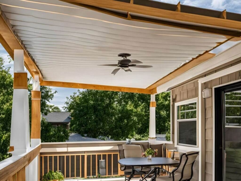 Retractable Patio Cover with Integrated Ceiling Fan and Wood Frame