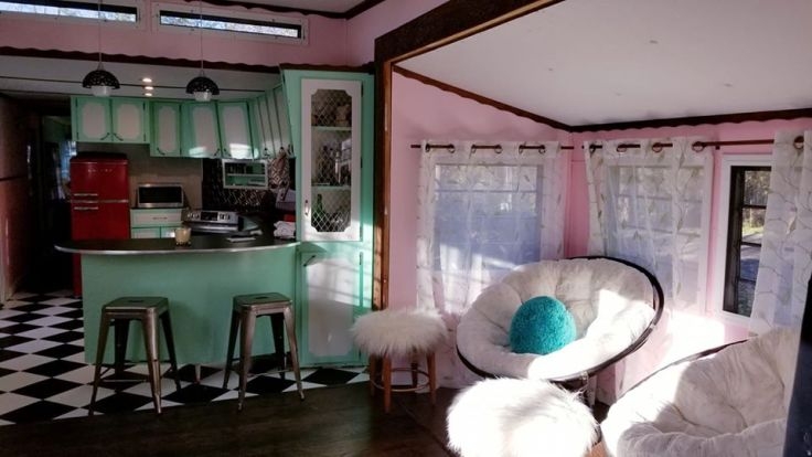 Retro Kitchen Design featuring Mint Green Cabinets and Pink Walls
