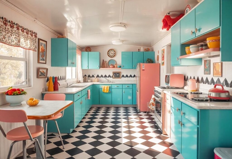 Retro Kitchen with Turquoise and Pink Palette and Checkerboard Floor