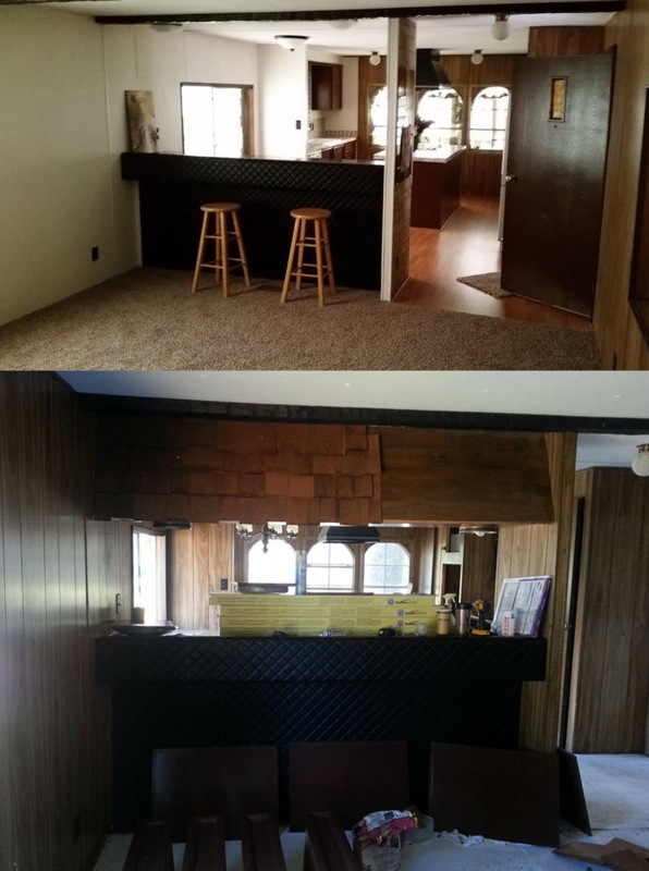 Retro Mobile Home Kitchen Bar: Quilted Counter & Wood Paneling