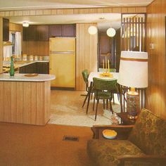 Retro Mobile Home Kitchen with Yellow Refrigerator and Slat Divider