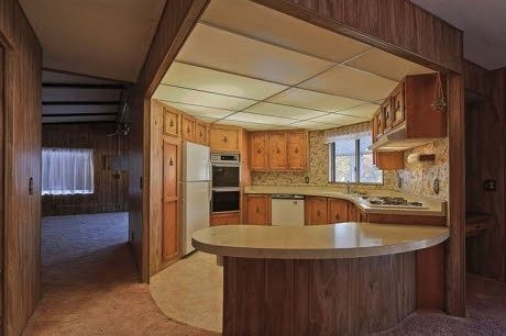 Retro Wood Paneled Kitchen Design with Curved Peninsula