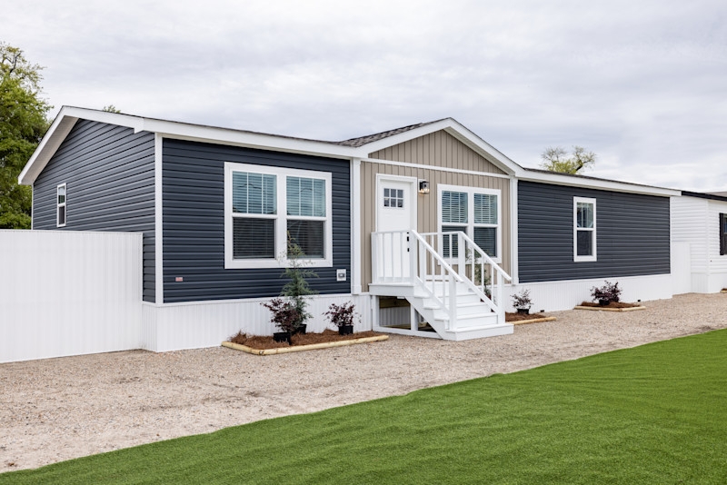 Ribbed White Skirting for Home with Two-Tone Siding and Porch