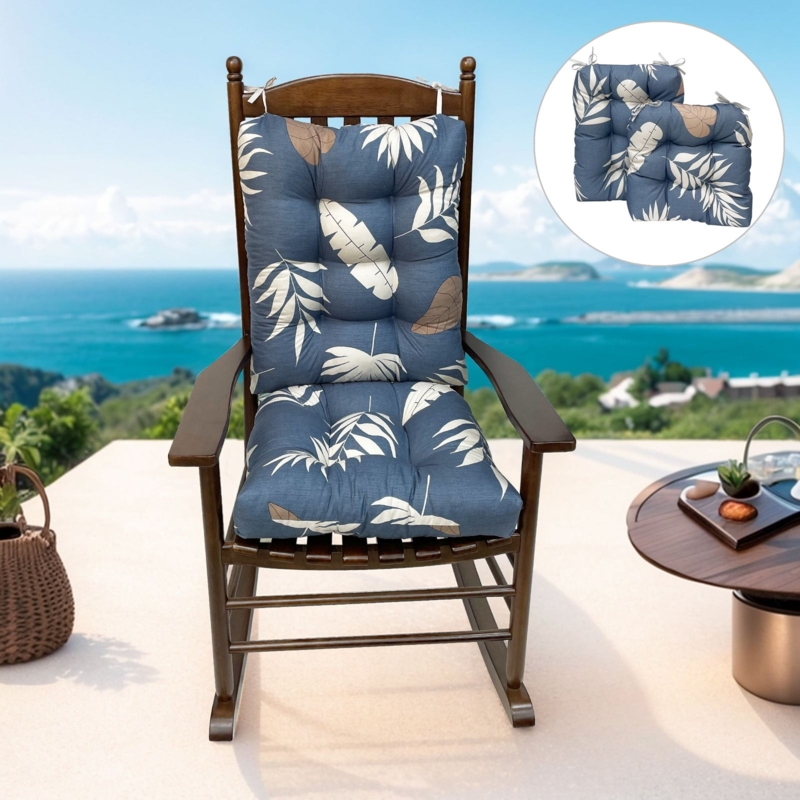 Rocking Chair, Blue Tufted Botanical Cushions on Dark Wood Coastal Frame