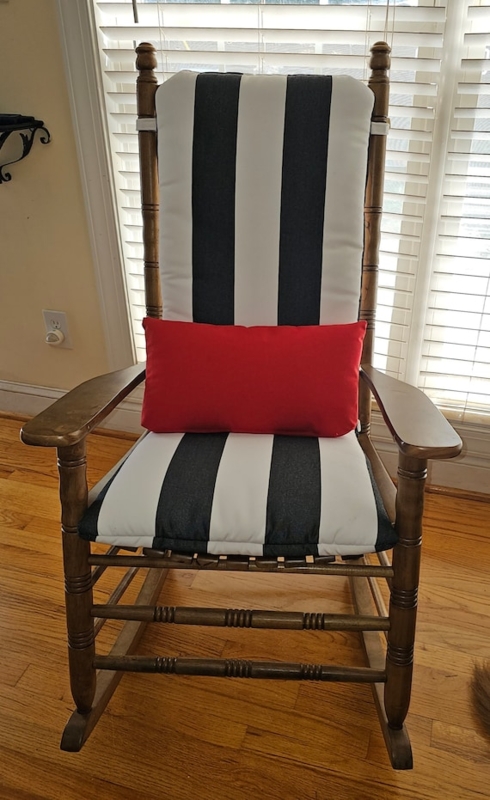 Rocking Chair, Bold Black & White Striped Cushions with Red Lumbar Accent