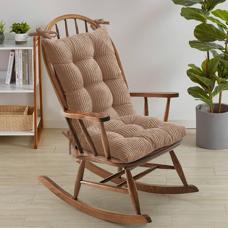 Rocking Chair Cushion Set Tan Ribbed Fabric Tufted Farmhouse Style