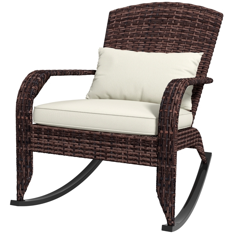 Rocking Chair, Espresso Brown Wicker, High Back with Cream Cushions