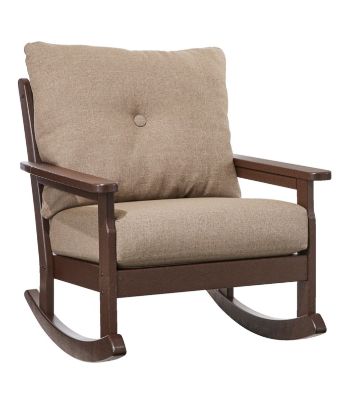 Rocking Chair, Mahogany All-Weather Frame with Button-Tufted Tan Cushions