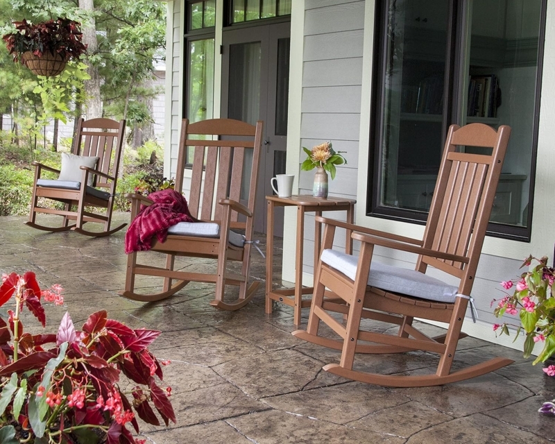 Rocking Chair, Matte Brown Finish, Slatted Back with Light Grey Cushions
