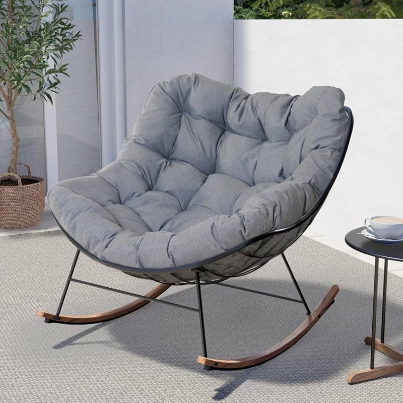 Rocking Chair, Oversized Grey Tufted Papasan Cushion, Modern Boho Style