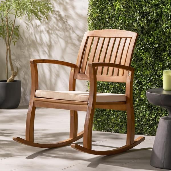 Rocking Chair, Warm Wood Slat Back, Cream Cushion, Classic Patio Seating
