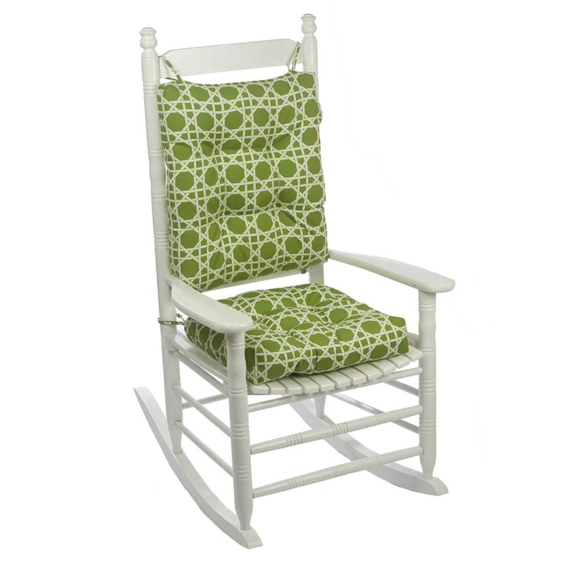 Rocking Chair, White Spindle Frame with Vibrant Green Lattice Cushions