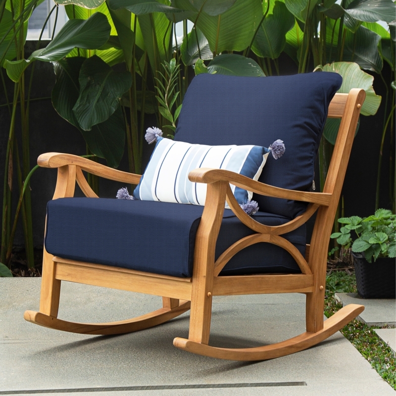 Rocking Chair with Navy Cushions, X-Side Braces, Coastal Wood Frame