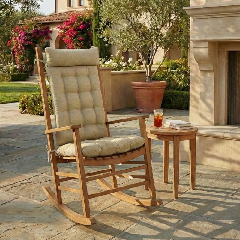 Rocking Chair, Wood Frame with Sand Tufted Cushions, Rustic Traditional