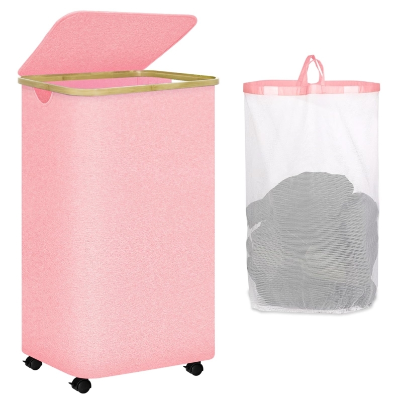 Rolling Laundry Basket Pink Fabric Wood Rim Lid Modern