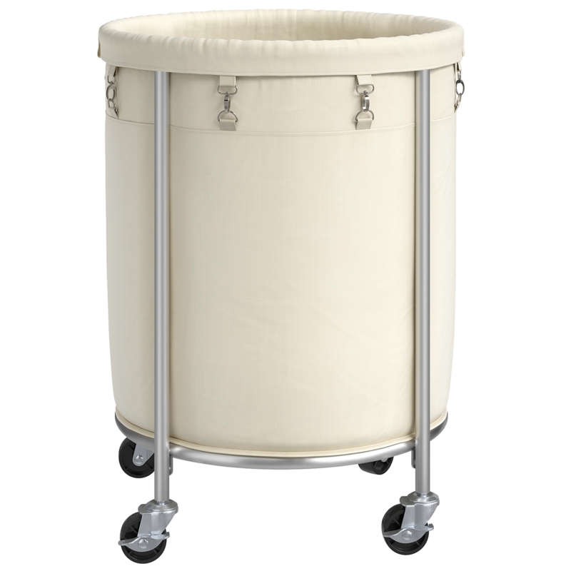 Rolling Laundry Cart Round Metal Frame Cream Canvas Industrial