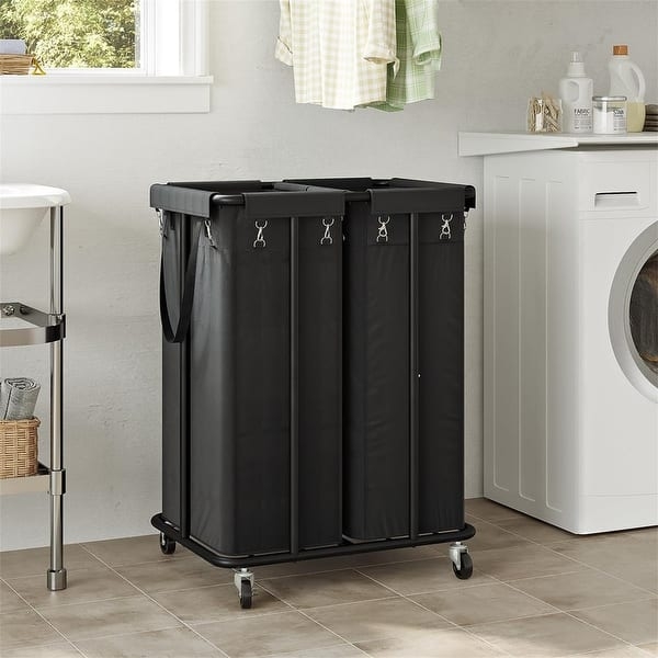 Rolling Laundry Sorter Double Black Metal Frame Modern Utility