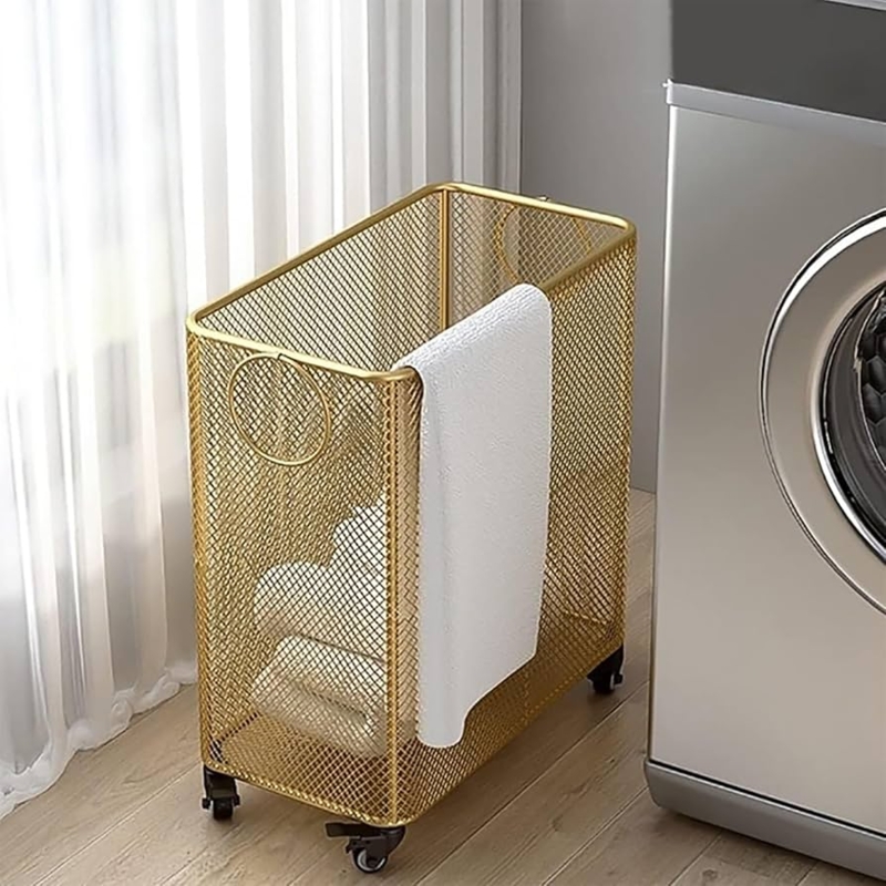 Rolling Mesh Basket, Polished Gold Finish, Slim Profile, Casters